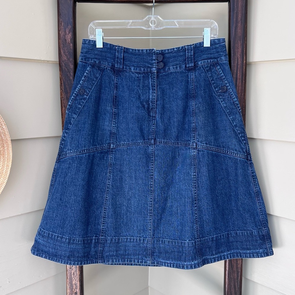 Bass Jeans Skirt Denim Blue Midi A-Line Size 8 Womens Cotton Pockets Casual